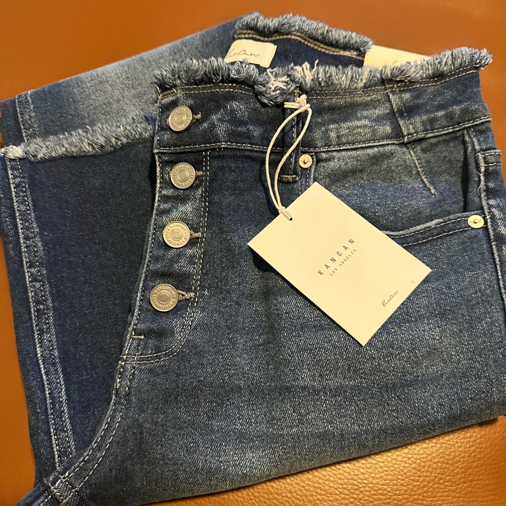 KanCan Women's High Rise Frayed Hem Jeans - Dark Blue